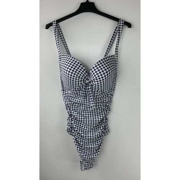 Torrid Navy Gingham Tie Front Wireless Ruched One-Piece Swimsuit Plus Size 4 4X - Picture 15 of 16